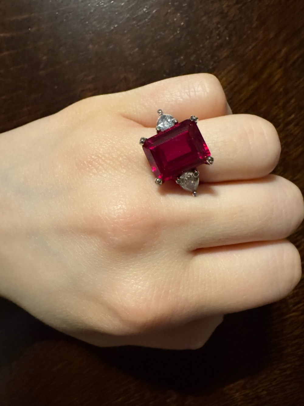 Sterling Silver red Square-Cut Statement Ring with Clear Accent Stones
